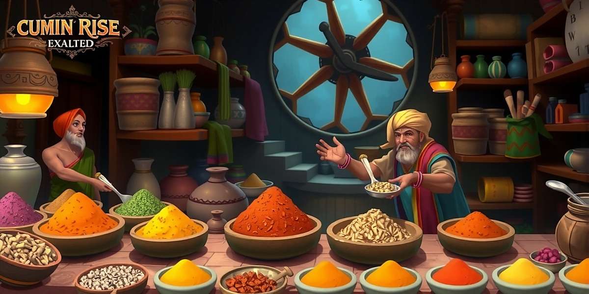 Cumin Rise Exalted Gameplay Screenshot Cumin Rise Exalted gameplay showing spice market with traders exchanging various Indian spices